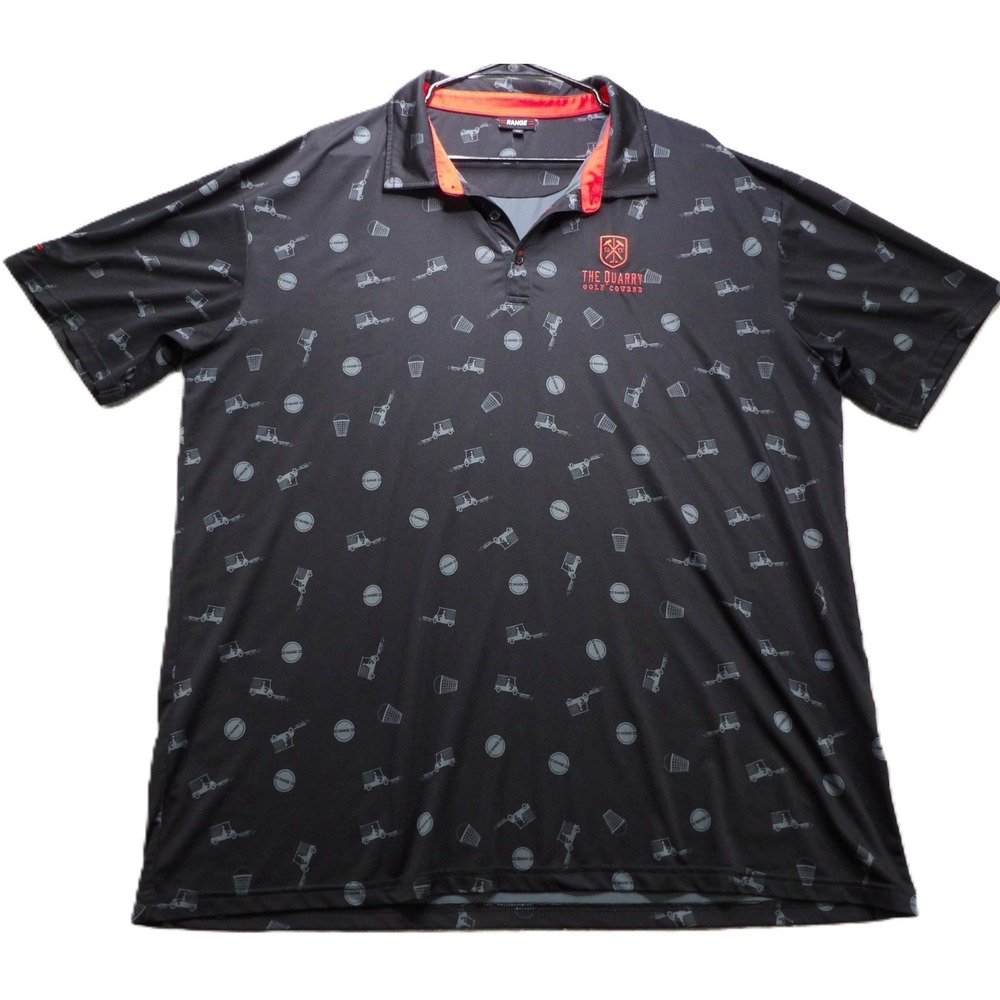 RANGE Men XXL Golf Polo Shirt Black Golf Cart All Over Print Quarry San Antonio